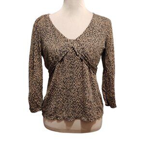 Ann Taylor M Brown Abstract Print Pleated V Neck Long Sleeve Stretch Blouse